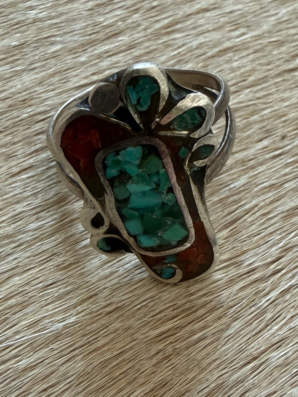 Sterling Silver Turquoise & Coral Inlay Ring - Women's Jewelry - Picture 5 of 8